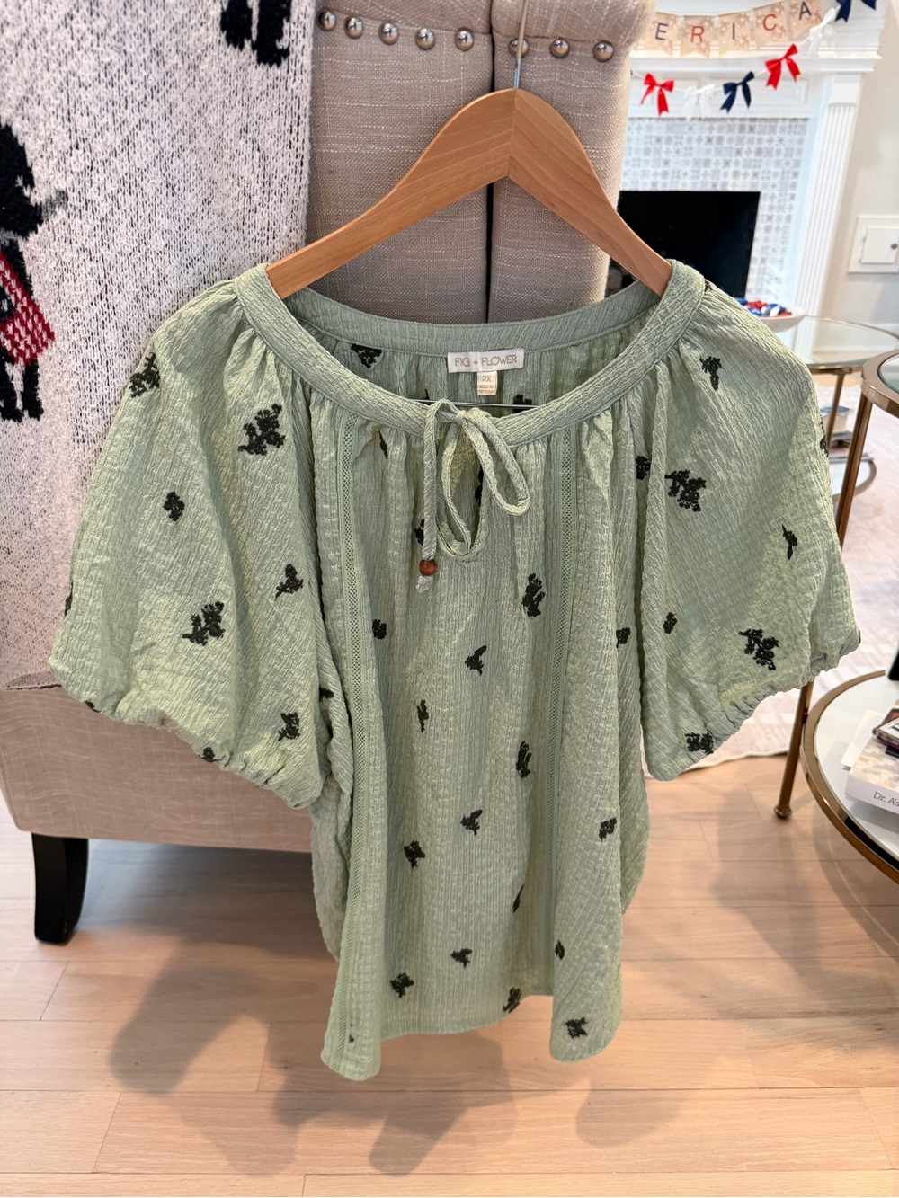 Fig + Flower Sage Green Embroidered Peasant Top, 2X